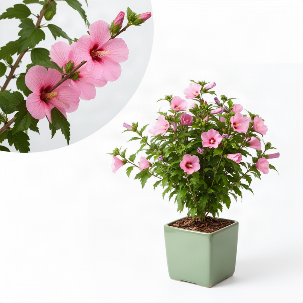 Potted Althea Flowering Shrub, Pink Rose Of Sharon Live Plant, 6-13 Inch